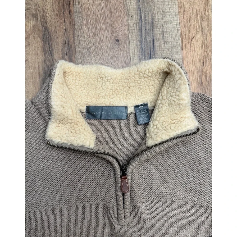 Oscar De La Renta Sweater XXL‎ Sherpa Lined Quarter Zip Beige Knit